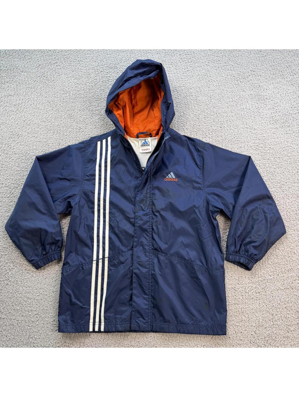 Vintage Y2K Adidas Hooded Windbreaker Jacket Youth M Navy Embroidered Spell Out